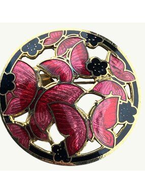 Round Gold Tone Enamel Butterfly Pin Brooch With Red and Black Floral Design